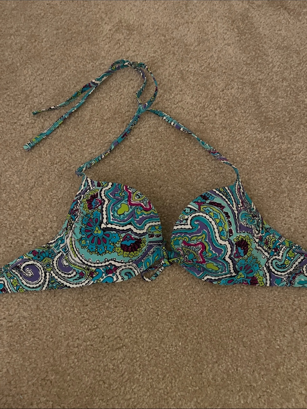 aerie Teal Paisley Halter Bikini Top with Purple and Lime Accents